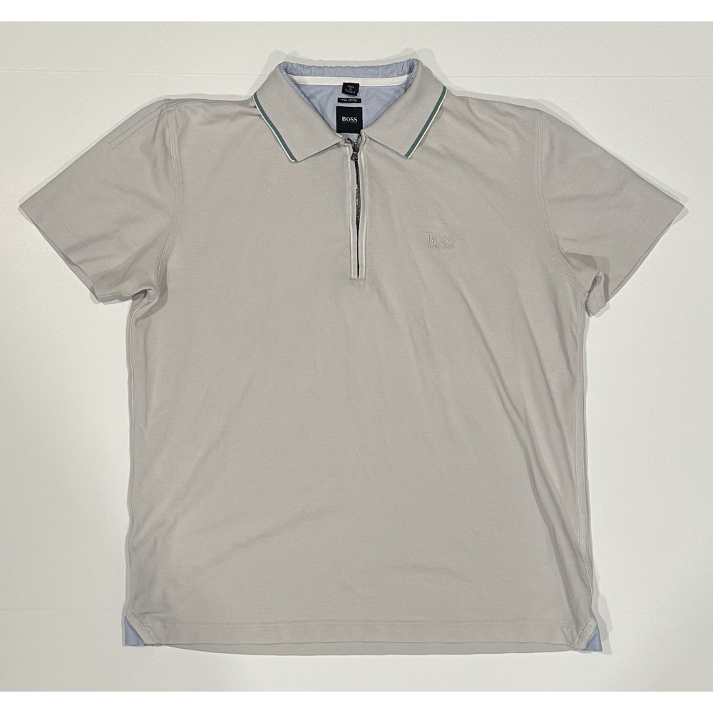 BOSS Hugo Boss Philix Slim-Fit Quarter-Zip Polo Golf  Shirt White Lt Gray M Size